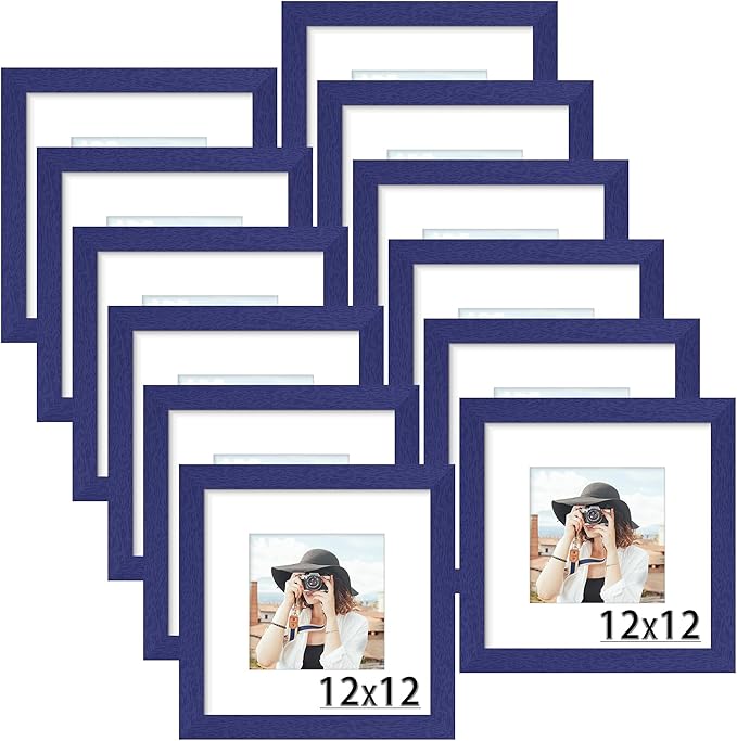 Picrit 12x12 Picture Frame Set of 12, Display 8x8 with Mat or 12 x 12 without Mat, Photo Frames for Wall Mounting Display, Navy Blue