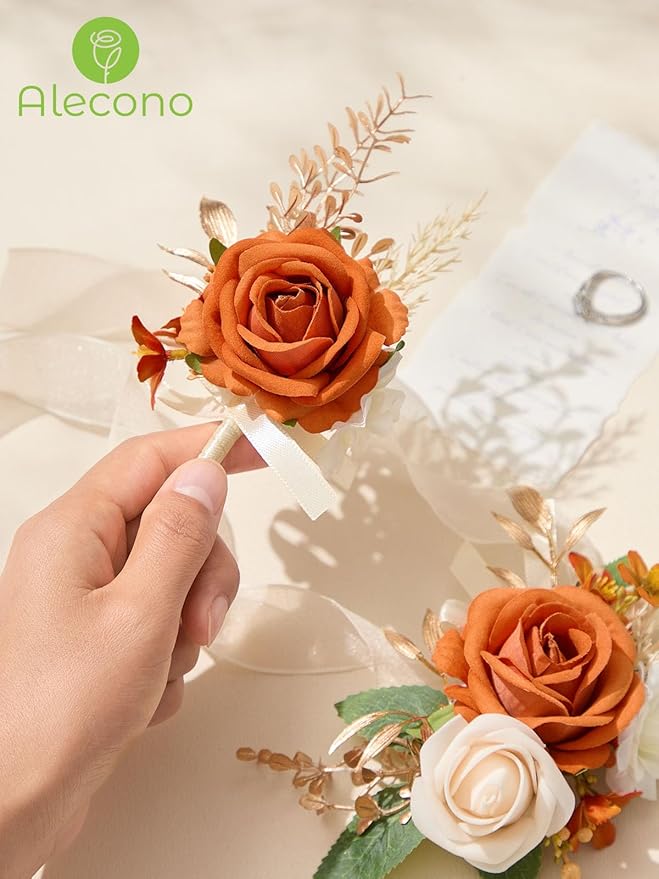 Alecono Orange Corsage and Boutonniere Set, Rose Corsage Wristlet for Women and Boutonniere for Men Wedding Prom Flower Accessories Suit Decorations