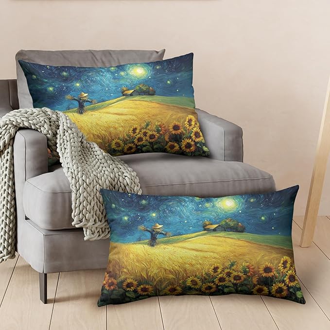 Fall Lumbar Throw Pillow Covers 12x20 Set of 2 Autumn Sunflower Wheat Field Harvest Pillow Covers Scarecrow Under Van Gogh Starry Night Rectangular Pillowcase for Home Decor Couch