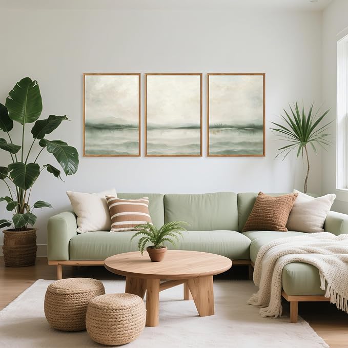TOARTi Large Framed Misty Green Mountain Lake Canvas Wall Art,Watercolor Abstract Natural Landscape Wall Decor,Neutral Modern Scenery Art Prints for Farmhouse Home Living Room Bedroom Office-24”x35”x3