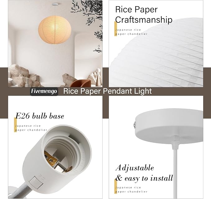 Large Rice Paper Pendant Light Kit, 20in White Globe Paper Lantern Lights, E26 Base, Japanese Hanging Lantern Lamp Japandi Chandelier for Dining Room Bedroom Office Living Room