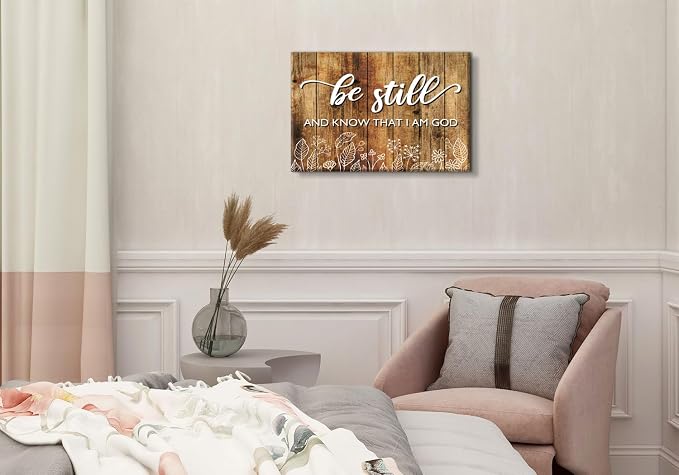 Be Still And Know That I am God Wall Art Rustic Brown Christian Canvas Picture Farmhouse Bible Verses Wall Decor Living Room Religious Inspirational Quotes Artwork Bedroom Office Home Decoration 12x16
