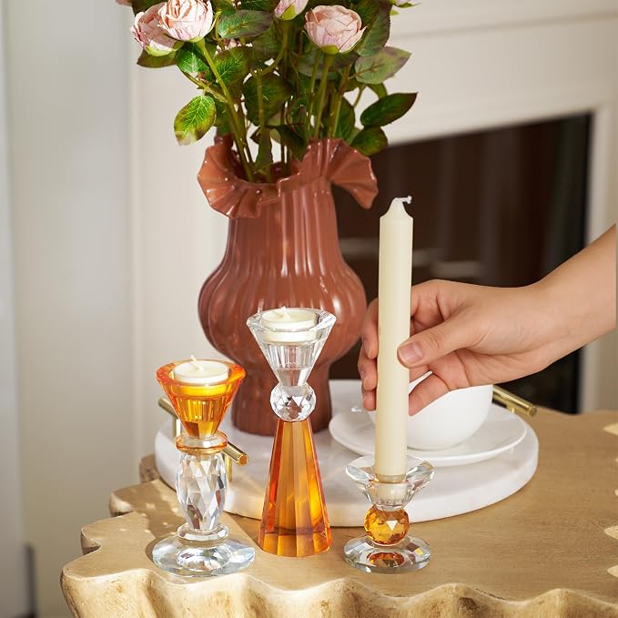 DN DECONATION Glass Candle Holder, Amber Clear Crystal Candlestick Holders | Set of 3, Tealight Candles Holder for Table Centerpiece Home Decor, Wedding Decorations Housewarming Gift Living Room Party