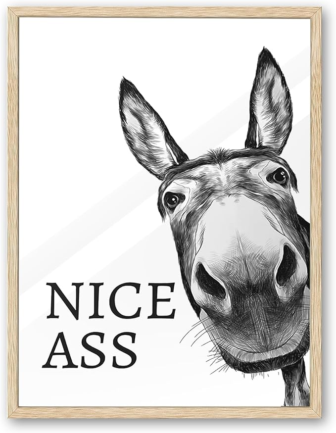 UPWOIGH Funny Donkey Oak Framed Canvas Wall Art, 12x16in Black and White Donkey Print for Bedroom Living Room Bathroom Wall Decor, Humorous Poster Aesthetic Gift Idea, 1Pack