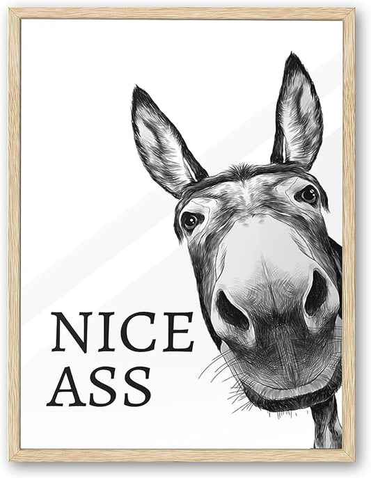 UPWOIGH Funny Donkey Oak Framed Canvas Wall Art, 12x16in Black and White Donkey Print for Bedroom Living Room Bathroom Wall Decor, Humorous Poster Aesthetic Gift Idea, 1Pack