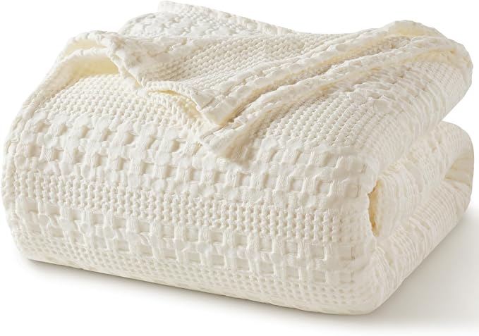 PHF 100% Cotton Waffle Blanket King Size for Bed, Lightweight Breathable and Soft for Summer, Luxury Aesthetic Waffle Weave Blanket for Home Decor & Gifts for Women, 108"x90", Ivory