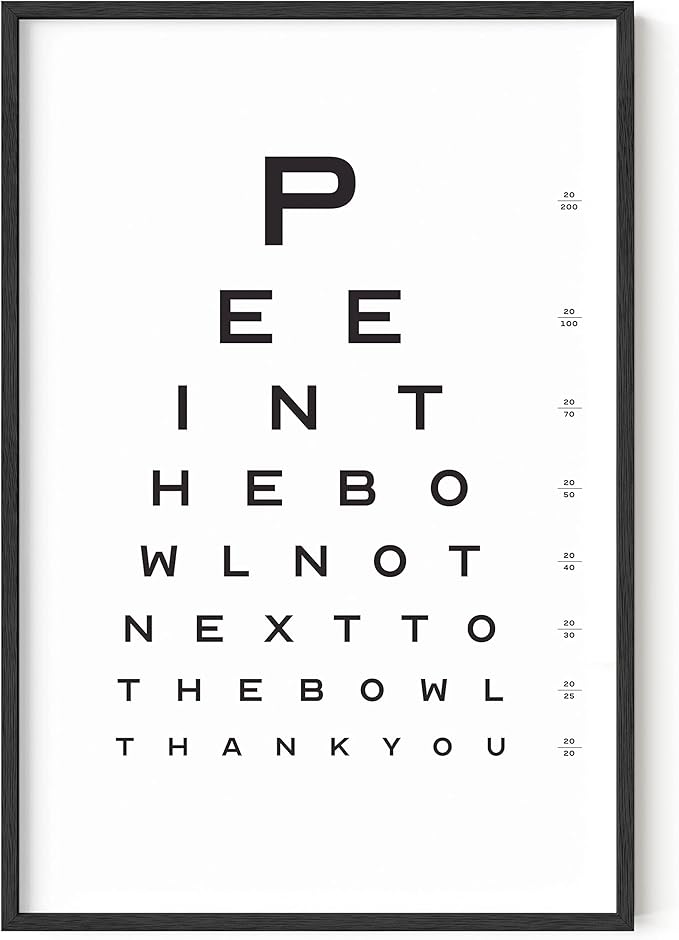 HAUS AND HUES Funny Bathroom Sign – Eye Exam Wall Art, Humorous Bathroom Print, Fun Wall Decor for Guest Bath, Restroom, or Home (24x36, Black Frame)