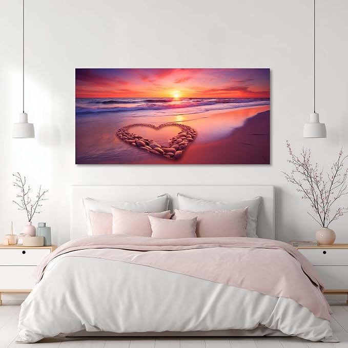 Ggaafet Romantic Love Beach Wall Art for Living Room Canvas Painting Prints Romance Sunset Red Sandbeach Art Deco Modern Artwork Office Bedroom Family Room Decor Large