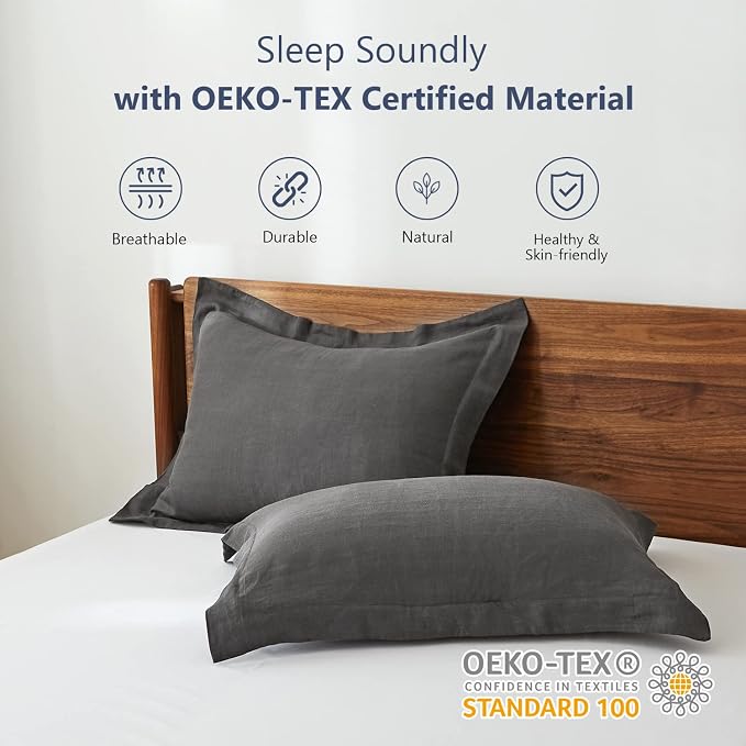 Simple&Opulence 100% Linen Pillow Case Queen Size Set of 2, Dark Grey Pillow Covers with Overlap Closure, Luxury Breathable Pillowcases Protectors Suitable for All-Season (20" X 26", Dark Grey)