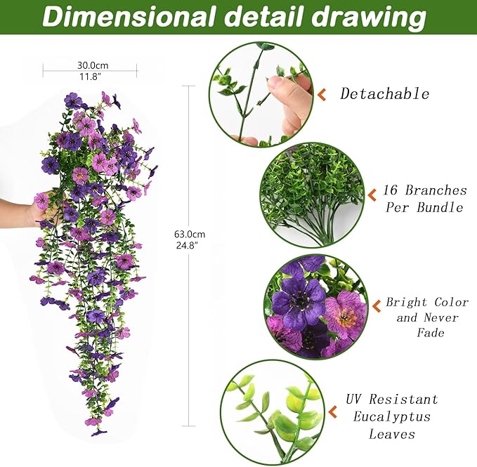 Homsunny Artificial Hanging Flowers for Outdoor, 2PCS Fake Flowers Faux Silk Daisy with Eucalyptus Leaves, UV Resistant Aritificial Flowers for Spring Home Patio Yard Porch Decor (Double Purple)