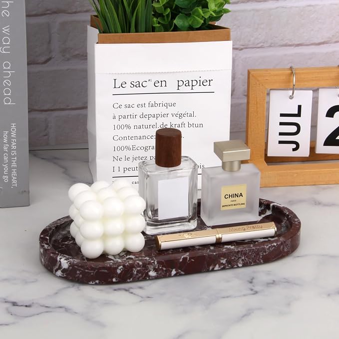 Natural Marble Tray Oval, Bathroom Vanity Tray for Countertop, Elegant Stone Decorative Organizer for Perfume, Jewelry, Home Decor (1, Rosso Lepanto, 10 x 5 x 0.6)