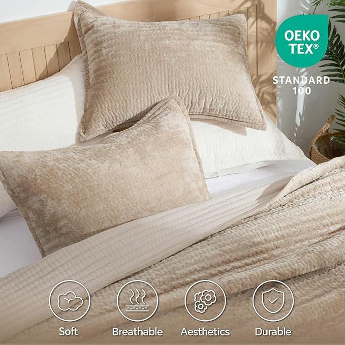 BEDELITE Velvet Quilt Set Queen Size - Luxury Soft Velvet Comforter Bedding Set for All Season, Lightweight Quilted Channel Stitch Oversized Bedspread Coverlet with 2 Matching Shams, Taupe