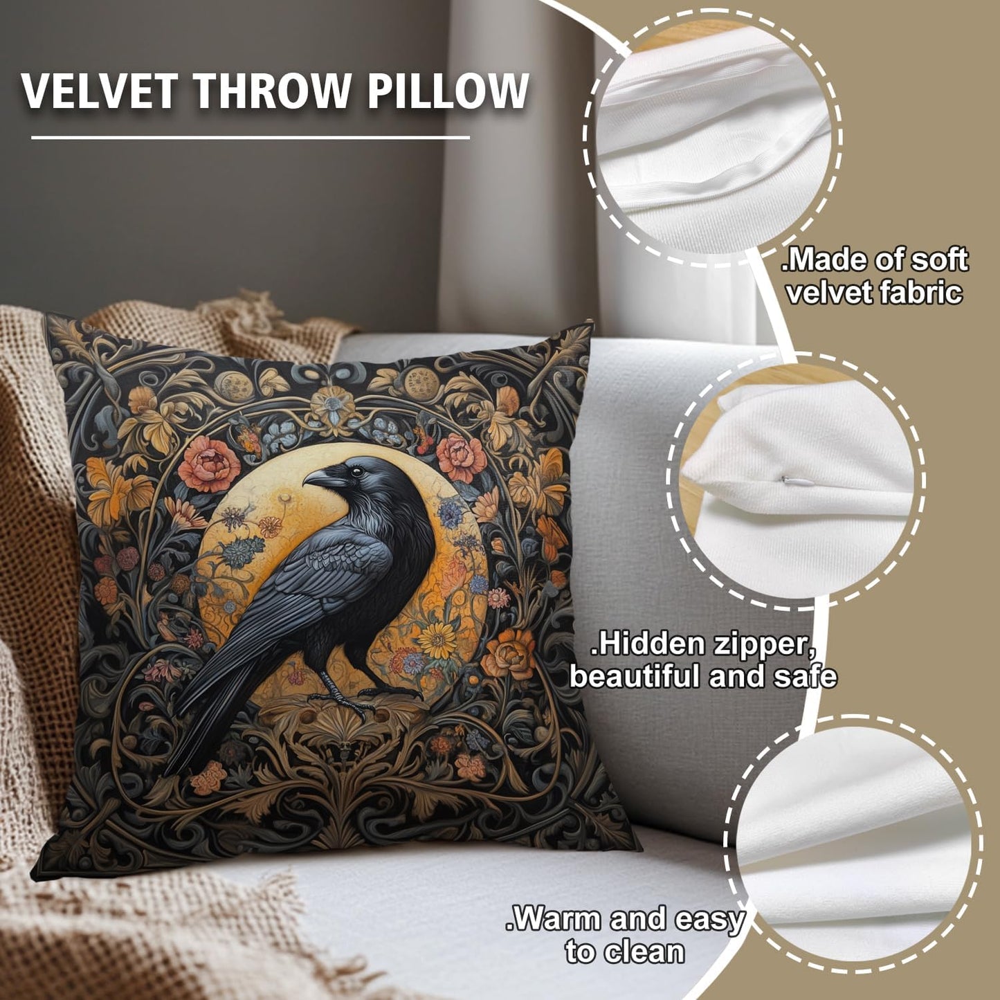 William Morris Abstract Vintage Floral Velvet Black Crow Design Throw Pillow Covers Home Decor, Retro Art Deco Pillowcase Cushion Cover for Bed Sofa Living Room, Square 18x18inch (Black-Crow)