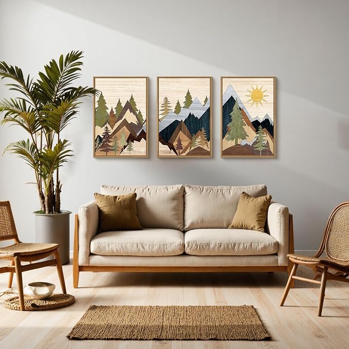 Ausri Boho Mountain Pine Tree Framed Canvas Wall Art Set, Nature Wilderness Illustration Wall Decor, Woodcut Forest Wall Painting, Mid Century Modern Art Print for Living Room Bedroom Office 16"x24"x3