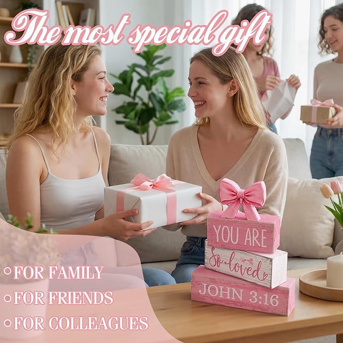 Lineshading 4 Pcs Christian Table Decor Pink Bow Wooden Block Signs Set "you Are So Loved John 3: 16” Christian Gifts for Women Coquette Aesthetic Bow Centerpieces for Home Office Shelf Decorations