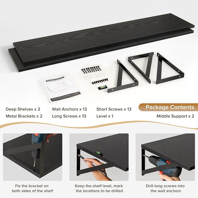 Acovy Deep Floating Shelves Wall Mounted, 55"x12" Black Wall Shelves with Brackets Set of 2 for Bedroom, Living Room, Bathroom, Kitchen, Office - Storage & Display Shelf for Decor, Books, Plants