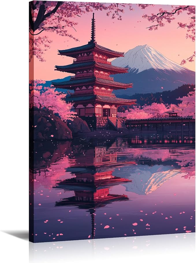 Large Japanese Wall Art Asian Landscape Canvas Prints Cherry Tree Mount Fuji Picture Nature Painting Pink Prints for Living Room Bedroom Modern Home Office Decor Framed(Art-4,28.00x42.00 inch)