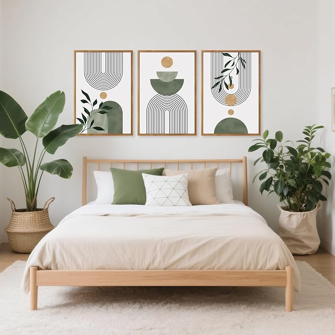 TOARTi Large Framed Boho Botanical Canvas Wall Art Set, Abstract Bohemian Sage Green Wall Decor, Mid Century Modern Neutral Geometric Leaf Art Prints for Living Room Bedroom Office-24”x35”x3