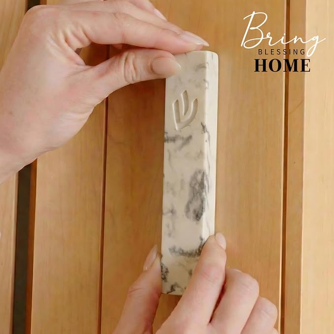 SURI Mezuzah for Door – 6 Inch Marble Cream Concrete Mezuzah Case with Non Kosher Scroll, Self-Stick Jewish Entry Design, Fits a 5 Inch Scroll, Gift Box Included