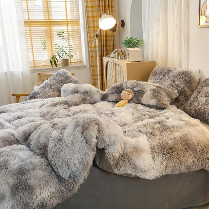 chovy Faux Fur Tie-Dyed Black White Gray Colorful Comforter Sets King - 3PC Bed Set Ultra Soft Plush Flannel Velvet Fluffy Fuzzy Bedding（Comforter x 1 Pillowcases x 2）
