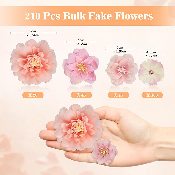 210 Pcs Mini Silk Flower Heads Small Pink Fake Rose Daisy Faux Flowers Bulk for Crafts Artificial Loose Fabric Flowers Heads Sunflower Bulk for Wedding Hair Cap Dresses Decorations (Light Pink Mixed)