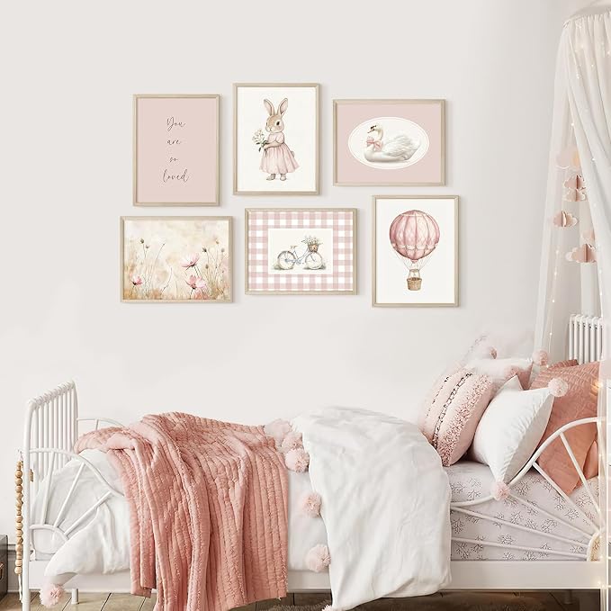 Pink Nursery Wall Art Decor Baby Girl Room Pictures Vintage Nursery Canvas Wall Decor Bunny Prints Floral Swan Poster Cute Rabbit Painting Artwork for Toddler Girls Bedroom 8x10x6 Inch Wood Framed