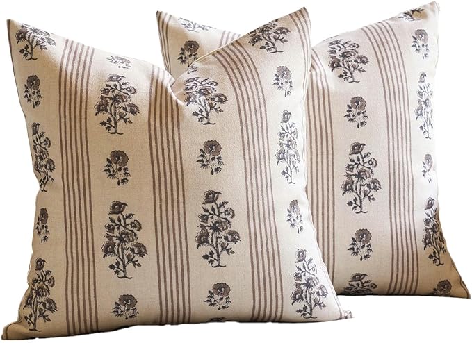 Amor Virisso Floral Throw Pillow Covers 24x24 Set of 2 Block Print Pillow Covers Neutral Floral Striped Farmhouse Decorative Pillow Covers for Sofa Couch Bed, Brown