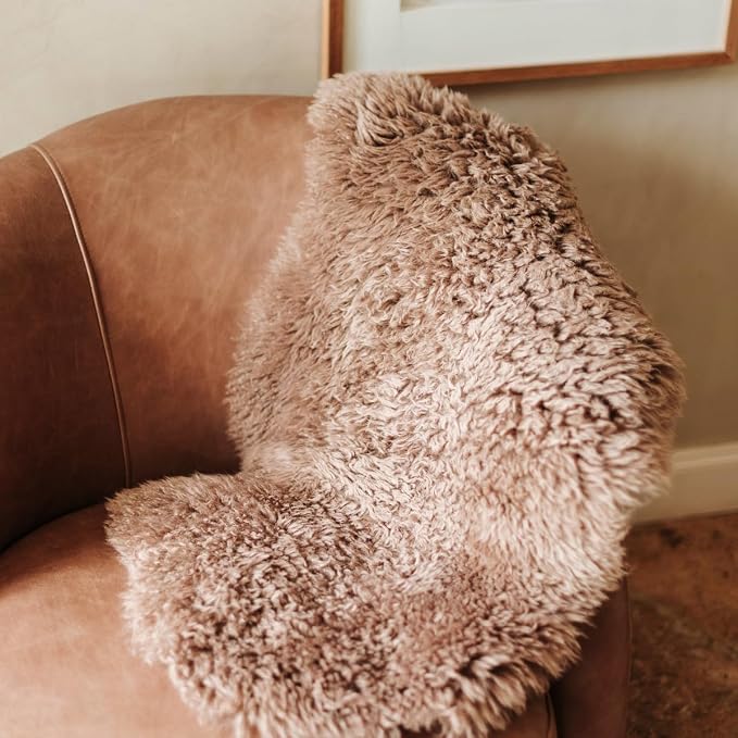 Genuine Sheepskin Rug – Soft & Fluffy Curly Hair Single Pelt (2' x 3') Dark Beige Lambskin Area Rug for Bedroom or Living Room – Made in Argentina