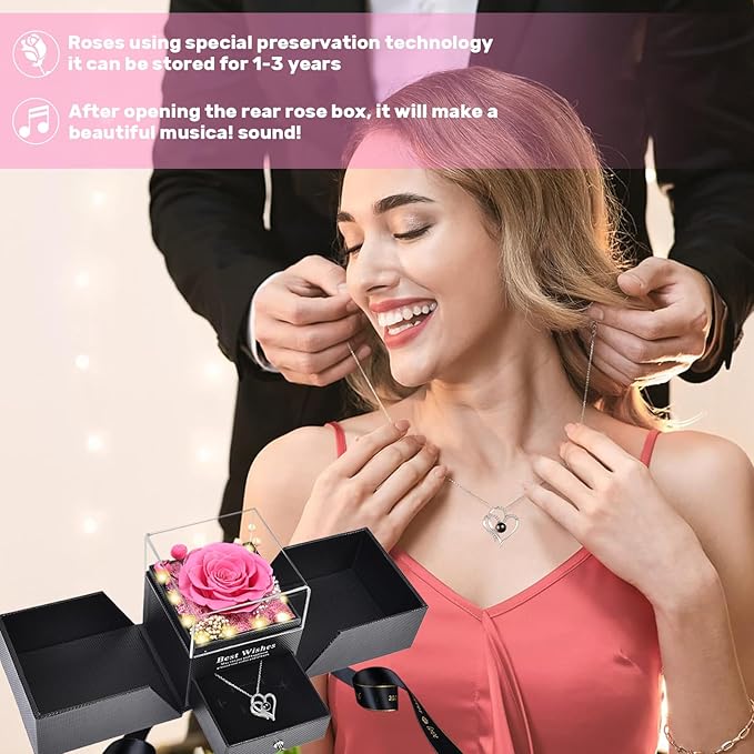 Pasuvsigt Valentines Day Rose Gifts for Her, Preserved Real Rose with I Love You Heart 100-Language Necklace, LED Lights & Music Box, Anniversary Birthday Valentines Gifts for Women Girlfriend Mom