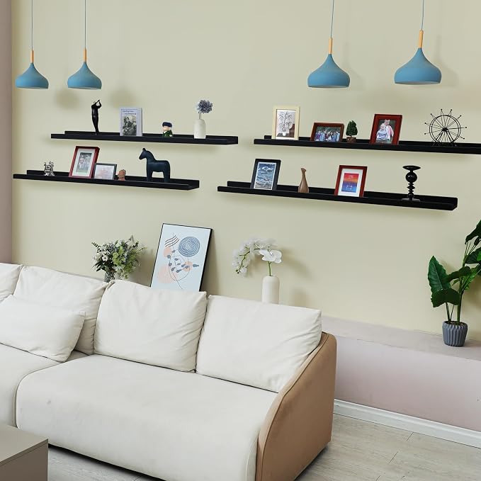 Long Floating Shelves for Wall 47 Inch,Real Wood Picture Ledge Shelf with Lip Set of 4,Photo Frame Storage Display for Living Room Nursery Bedroom Bathroom Kitchen Home Office Decor (Black)