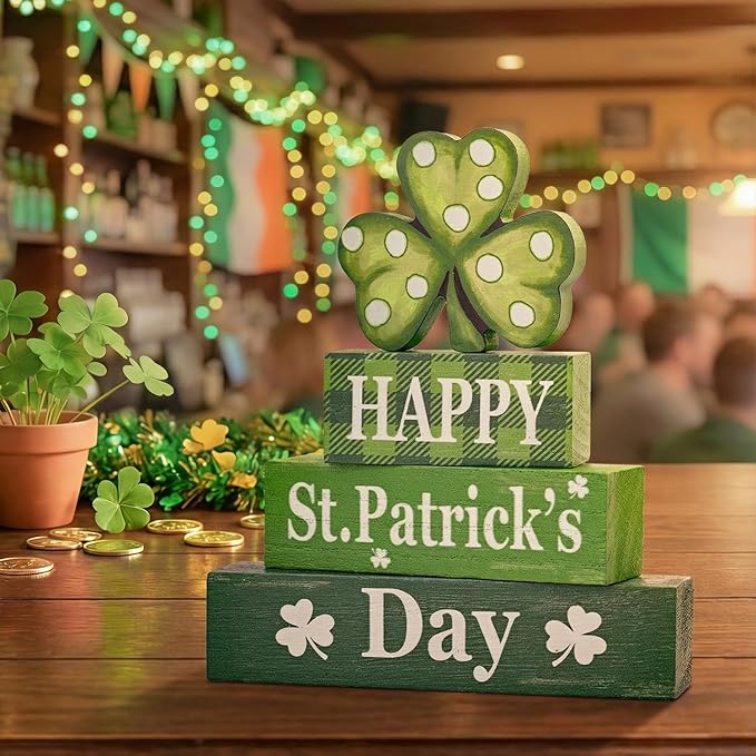 Smile St.Patrick's Day Wooden Stacked Block Decor HAPPY St. Patrick's Day, Shamrock Rustic Tabletop Shelf Lucky Holiday Decoration