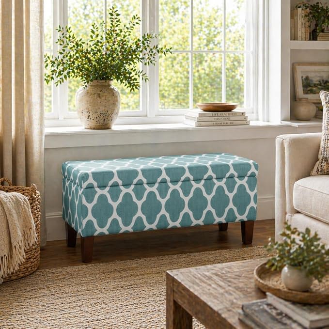 HomePop 36" Storage Ottoman Bench with Hinged Lid - Teal Geometric