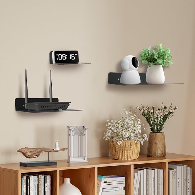 Steel Floating Shelves for Wall,Small Wall Shelf，Suitable for Bedroom, Living Room, Bathroom, Kitchen, Office (Black, 2Pack 9.06x6.89 in)