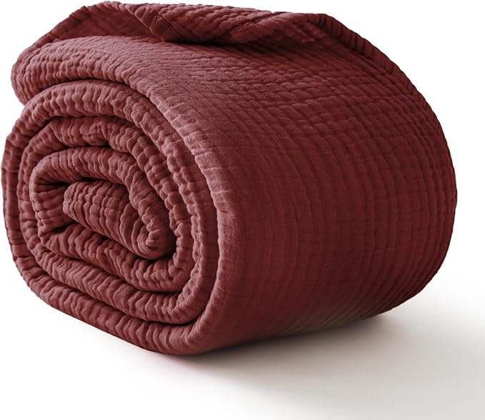 100% Cotton Muslin Blanket California King 120" x 90", 6 Layers Breathable and Lightweight Oversized Blankets for Bed, Soft Cooling Gauze Blanket for Adults All Season, Burgundy