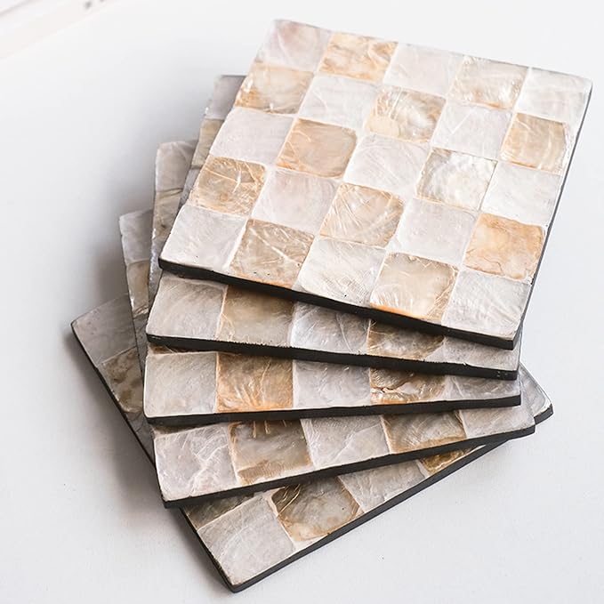 6 Pack Mother of Pearl Squre Coasters with Holder, Seashell Inlay Square Cup Holders with Organizer, Decorative Coasters Capiz Shell Trivet for Coffee Table, 5", I-lan (Mosaic)