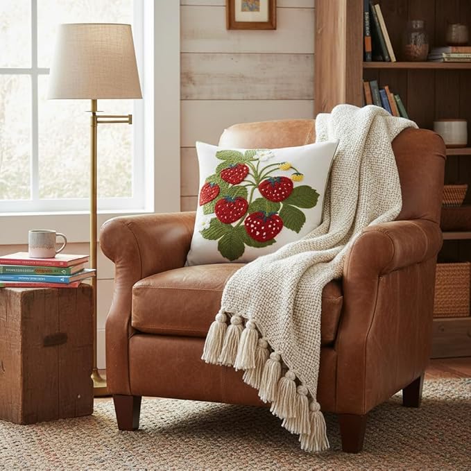 Embroidered Throw Pillow Covers 18x18 inch Pack of 2 Red Strawberry with Green Leaves Floral Pillowcases Farmhouse Pillow Cushion Cases Spring Summer Home Decor for Sofa Bed Living Room