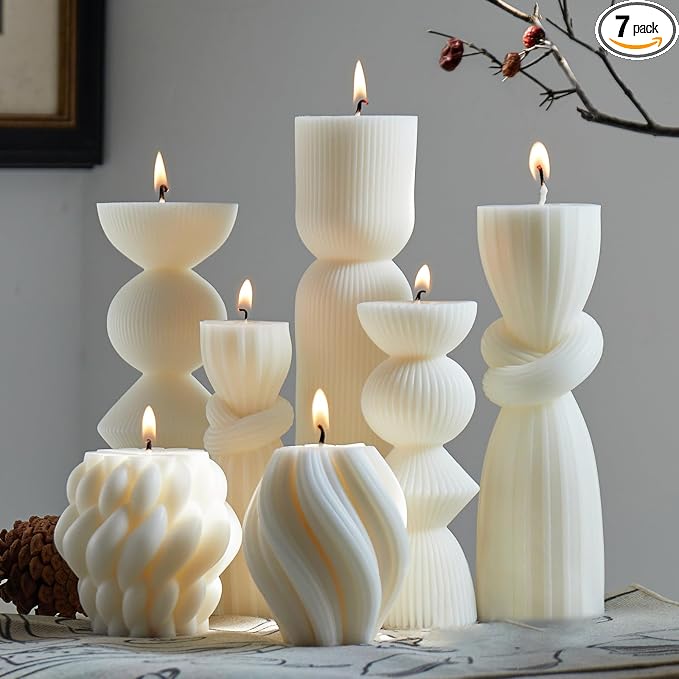7 Pcs Large Ribbed Pillar Candles - Handmade Soy Wax Candles for Home Decor, Modern Shelf Decor, Housewarming Gift, Aesthetic Room Decor (White)