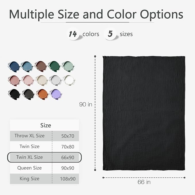 Carriediosa 100% Cotton Muslin Throw Blanket 66" X 90" Twin XL Size，4-Layers Summer Gauze Throws for Bed Couch，Soft Lightweight Breathable Linen Blankets Bedspread for Adults All Season，Black