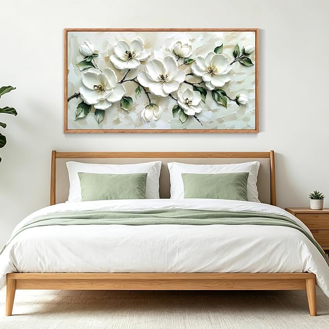 CHDITB 3D White Magnolia Floral Impasto Relief Textured Framed Canvas Wall Art Set, Neutral Beige Minimalist Wall Decor, Modern Texture Art Prints for Living Room Hallway Bedroom Home Decor 40"x20"