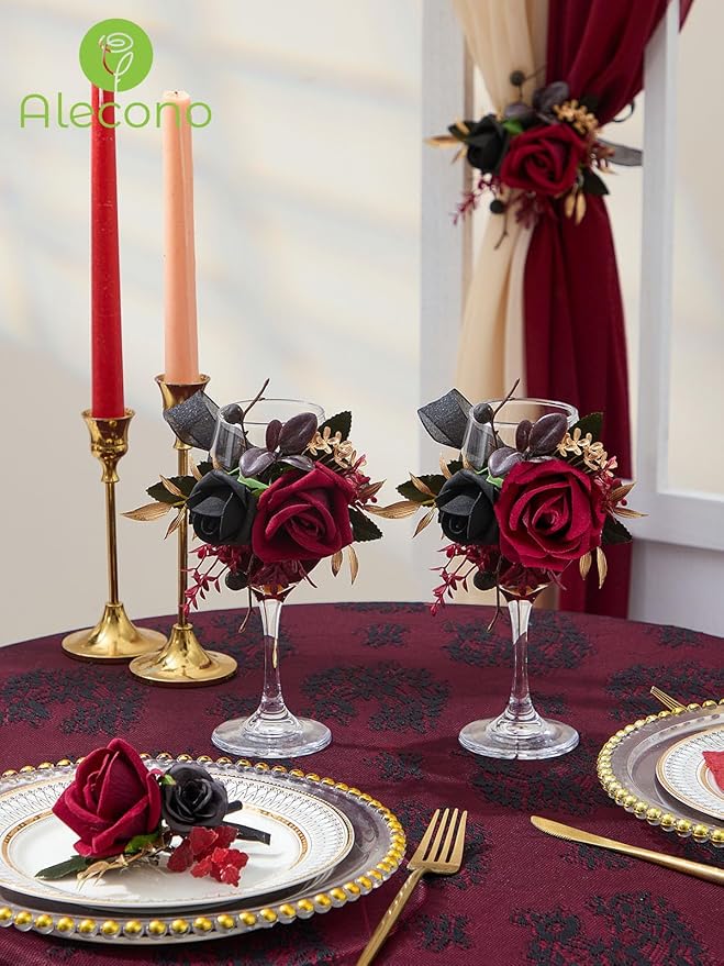 Alecono Boutonniere for Men, Set of 2 Burgundy and Black Boutonniere for Wedding Groom Bridegroom, Artificial Flowers for Prom Graduation Ceremony Anniversary