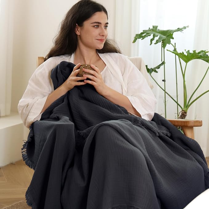 MooMee Muslin Blanket - 100% Cotton 4-Layer Gauze Throw Blanket with All-Around Fringe, Soft Breathable Lightweight Cooling Summer Blankets for Bed Couch (Dark Grey,Throw 60" x 50")
