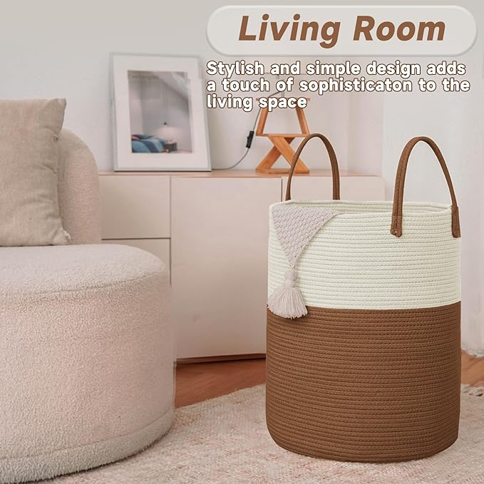 JMvicyroam Large Woven Laundry Basket Hamper,100L Cotton Rope Storage Bin for Blankets,Toys and Clothes,Decorative Tall Nursery Hamper for Living Room,Baby Nursery,Bathroom and Bedroom,White and Brown