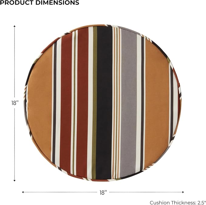 Set of 2 Outdoor 18 inch Round Patio Dining Chair Pads – Comfortable Fiber-Filled Seat Cushions with Ties, Reversible Polyester Fabric, Brick Stripe