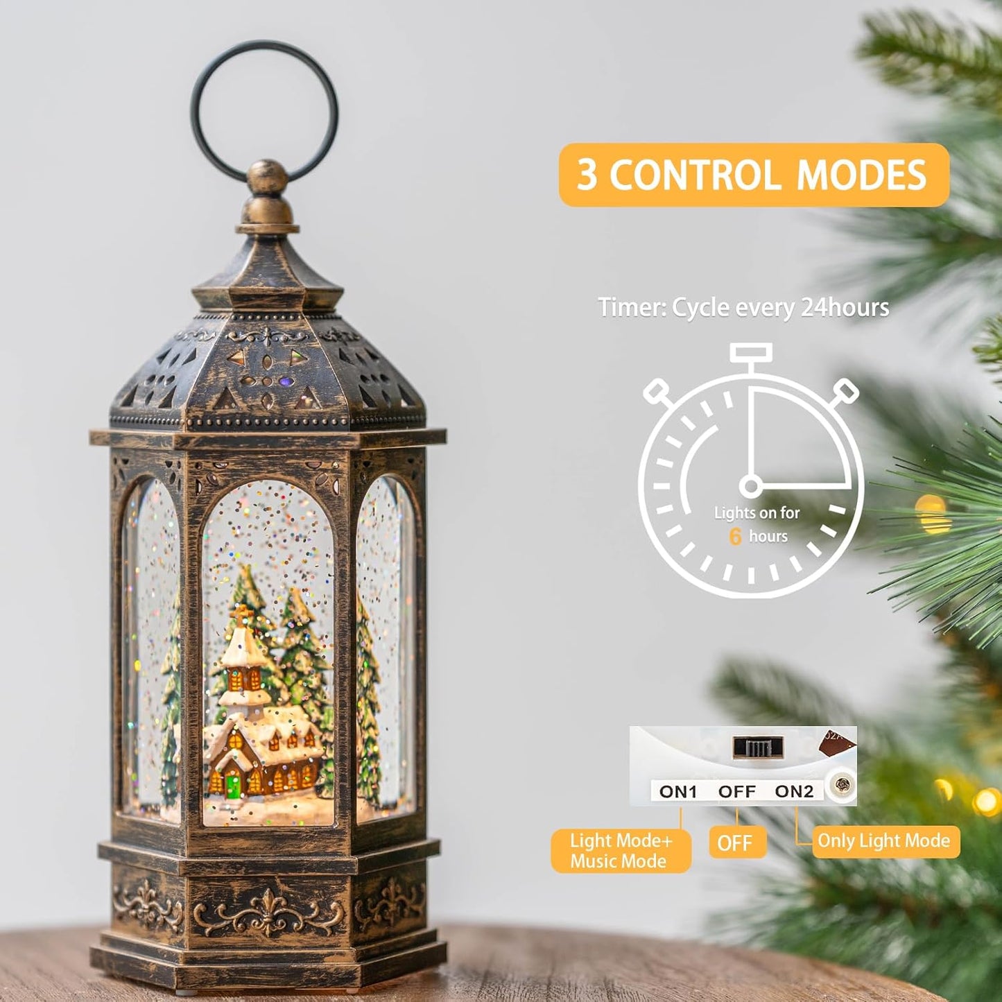 Christmas Snow Globe Lantern Lighted Holiday Village Church with Music& Timer, USB Lined/Battery Operated Lighted Lantern for Christmas Festival Decoration Gifts