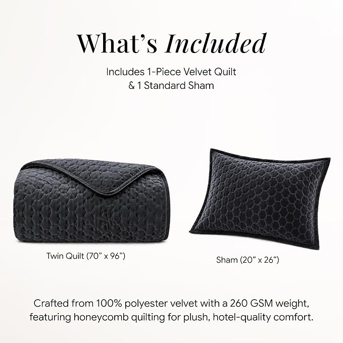 Tribeca Living Lugano Oversized Velvet Quilt Set - All Season, Extra Large, 2 Piece Twin Size Comforter Set with 1 Pillow Sham in Steel Grey Honeycomb Pattern 260GSM