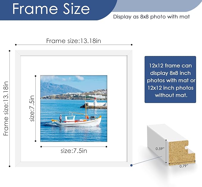 PEALSN 12x12 Picture Frame Set of 6, Display Pictures 8 x 8 with Mat or 12 x 12 without Mat for Wall Mounting Display, Poster Frames Collage for Wall Decor, White.