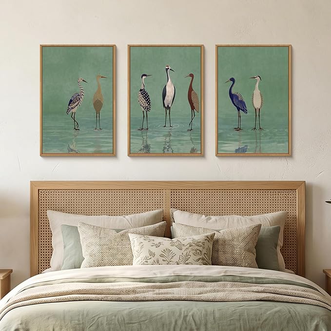 Large Vintage Birds Heron Framed Canvas Wall Art,Green Lake Wildlife Wall Decor,Minimalist Animals Art Prints,Natural Coastal Landscape Artwork for Living Room,Bedroom,Farmhouse- 24''x36''x3