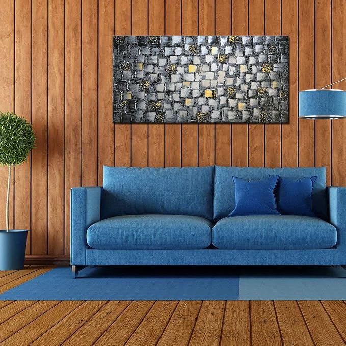 MyArton Large Thick Abstract Dark Silver add Golden Square Wall Art Hand Painted Artwork Textured Oil Painting on Canvas Framed Ready to Hang 60x30inch