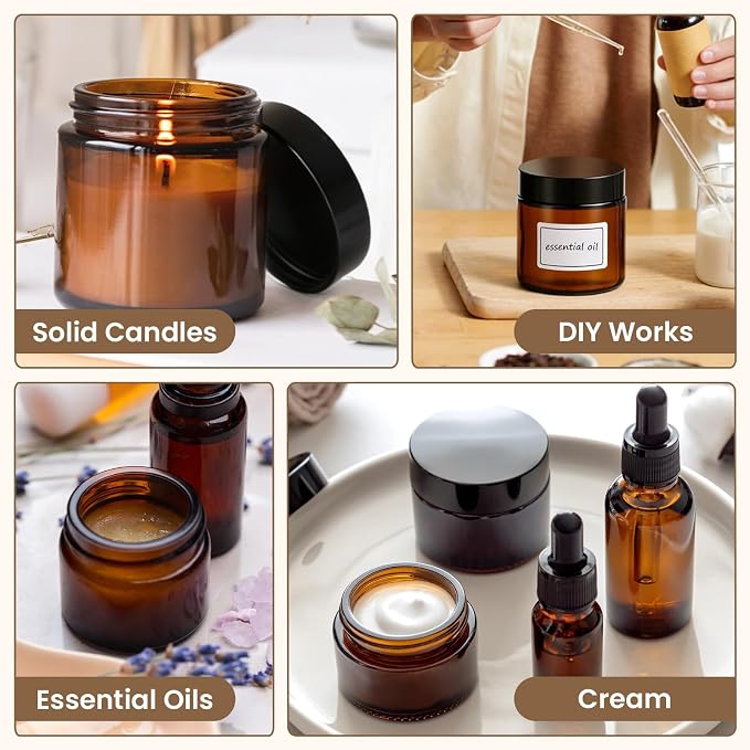 30 Pcs 4 oz Glass Jars with Lids, Amber Glass Jars with 40 Labels & 10 Spatulas, Inner Liners, LeakProof, UV-Protective,Round Glass Containers for Essential Oils, Spices, Candle Making,DIY