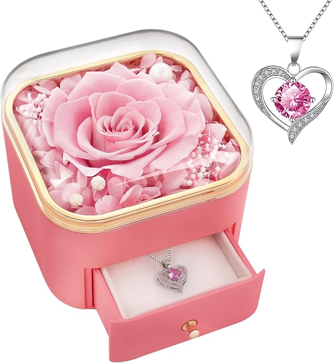 Beferr Gifts for Mom Preserved Real Rose with Necklace Eternal Roses Forever Flowers for Delivery Christmas Anniversary Birthday Mothers Day Flower Gifts for Women Her Grandma Wife Daughter Girlfriend